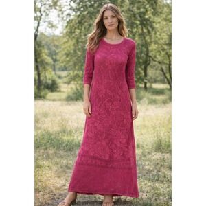 Peruvian Connection Floral Open Weave Sheer Knit Cotton Maxi Dress Boho Size XL